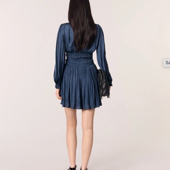 Maje Satin dress with ruffles- Navy - Picture 4 of 4